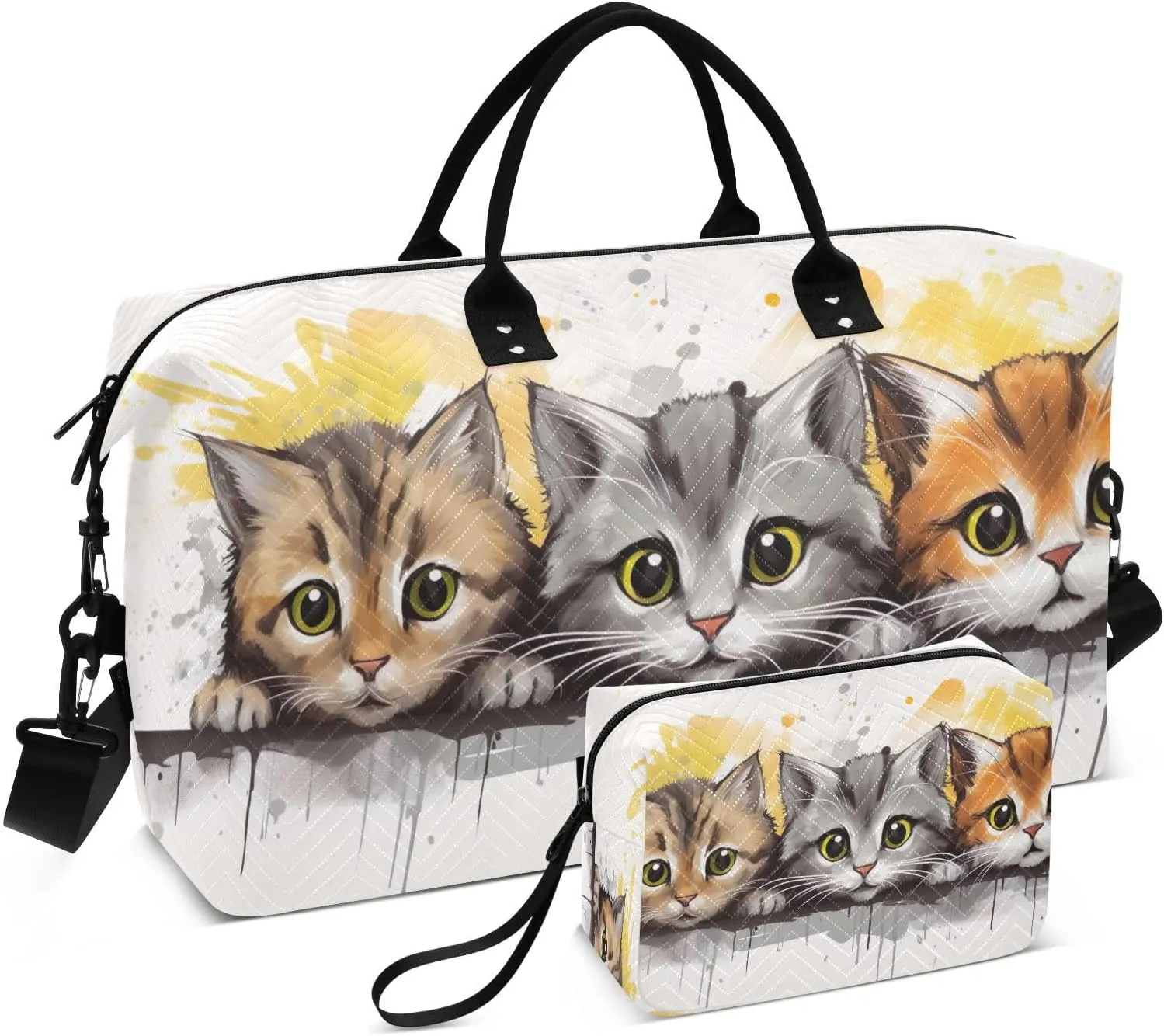 Sinestour Cartoon Cats Kittens Travel Duffel Bag for Men Women with Makeup Bag Weekend Overnight Carry On Bags for Under Seat Travel Airline
