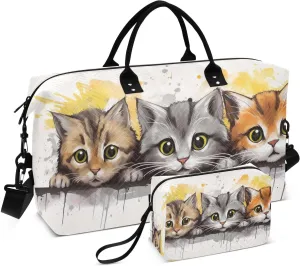 Sinestour Cartoon Cats Kittens Travel Duffel Bag for Men Women with Makeup Bag Weekend Overnight Carry On Bags for Under Seat Travel Airline