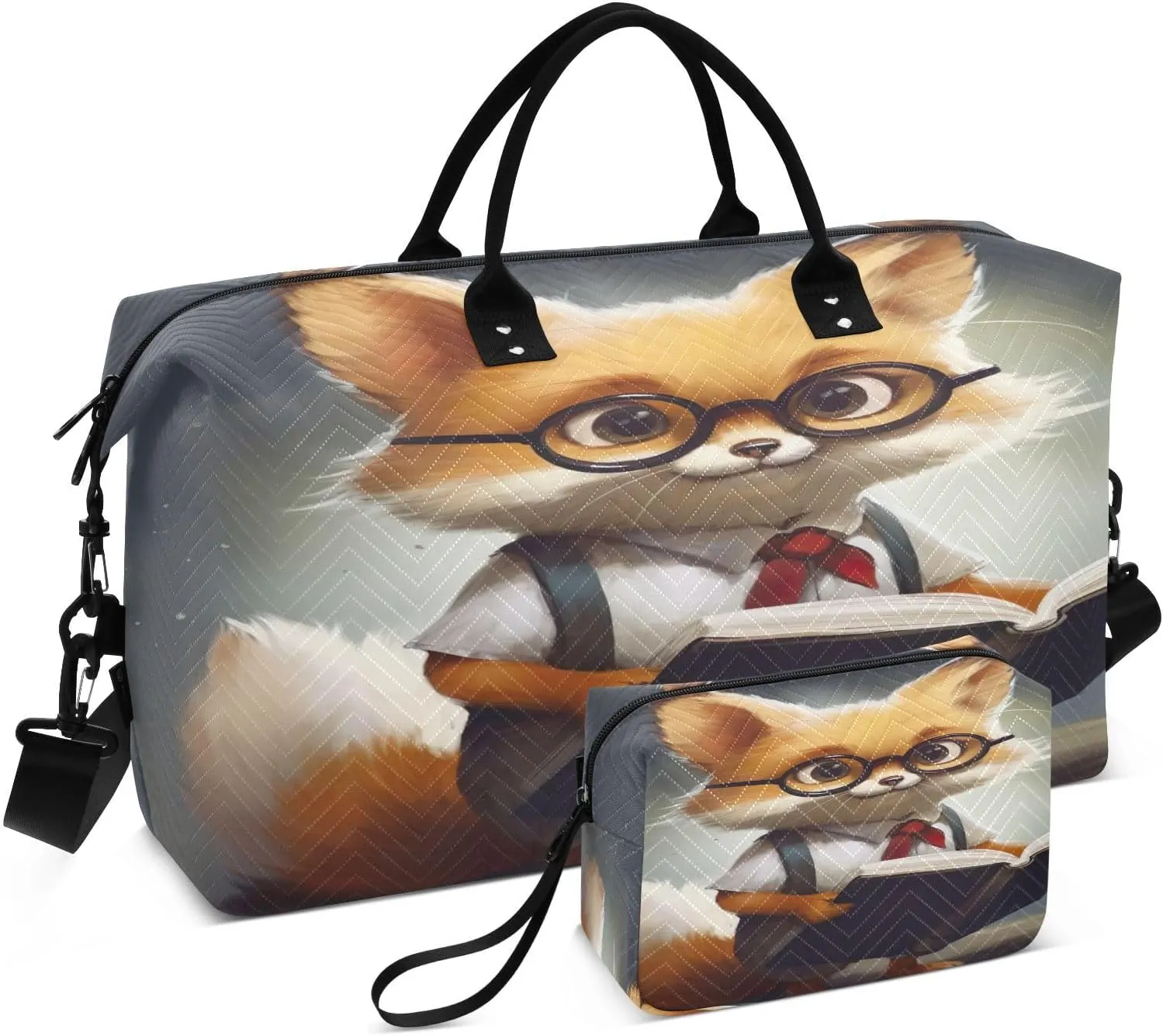 Sinestour Cartoon Fox Read Travel Duffel Bag for Men Women with Makeup Bag Weekend Overnight Carry On Bags for Airline Travel Gym