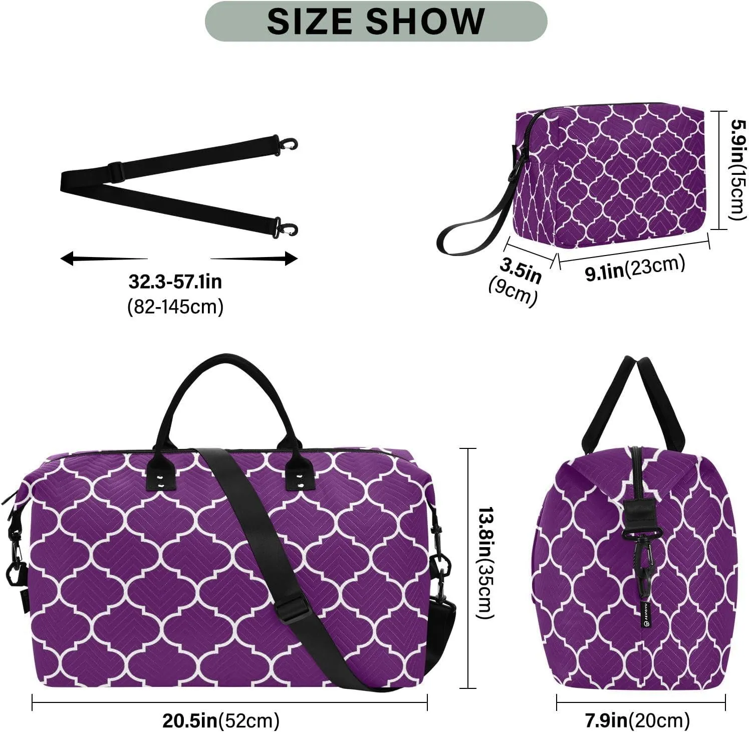 Sinestour Dark Purple Moroccan Tile Travel Duffel Bag for Men Women with Makeup Bag Weekend Overnight Carry On Bags for Traveling Gym Workout