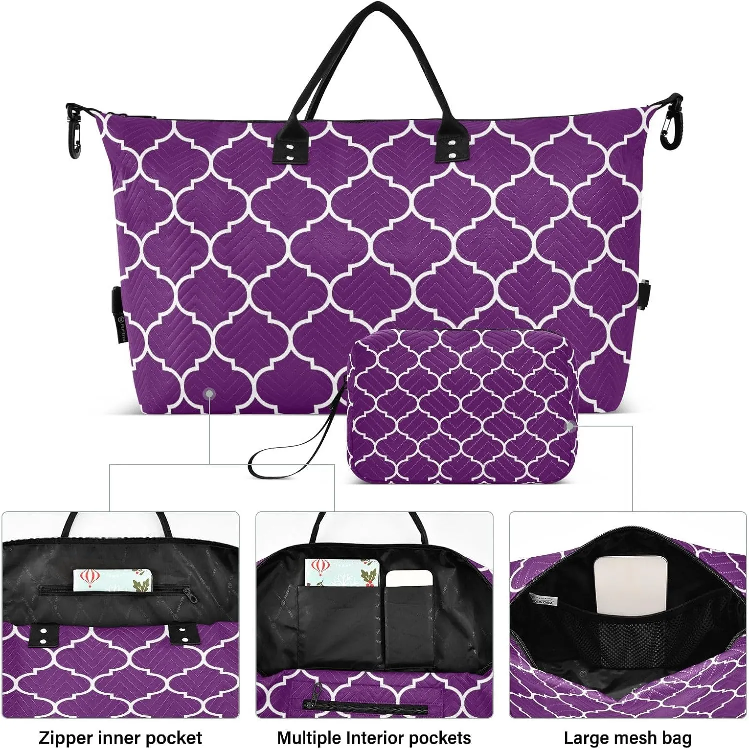Sinestour Dark Purple Moroccan Tile Travel Duffel Bag for Men Women with Makeup Bag Weekend Overnight Carry On Bags for Traveling Gym Workout