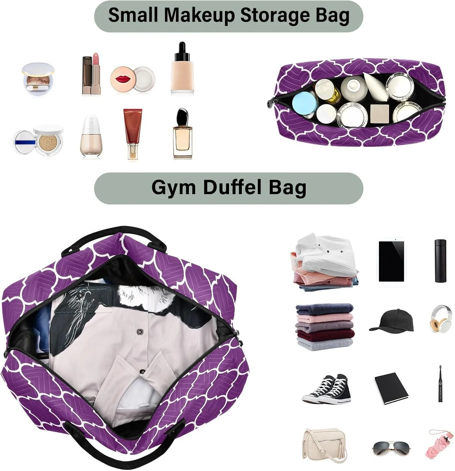 Sinestour Dark Purple Moroccan Tile Travel Duffel Bag for Men Women with Makeup Bag Weekend Overnight Carry On Bags for Traveling Gym Workout