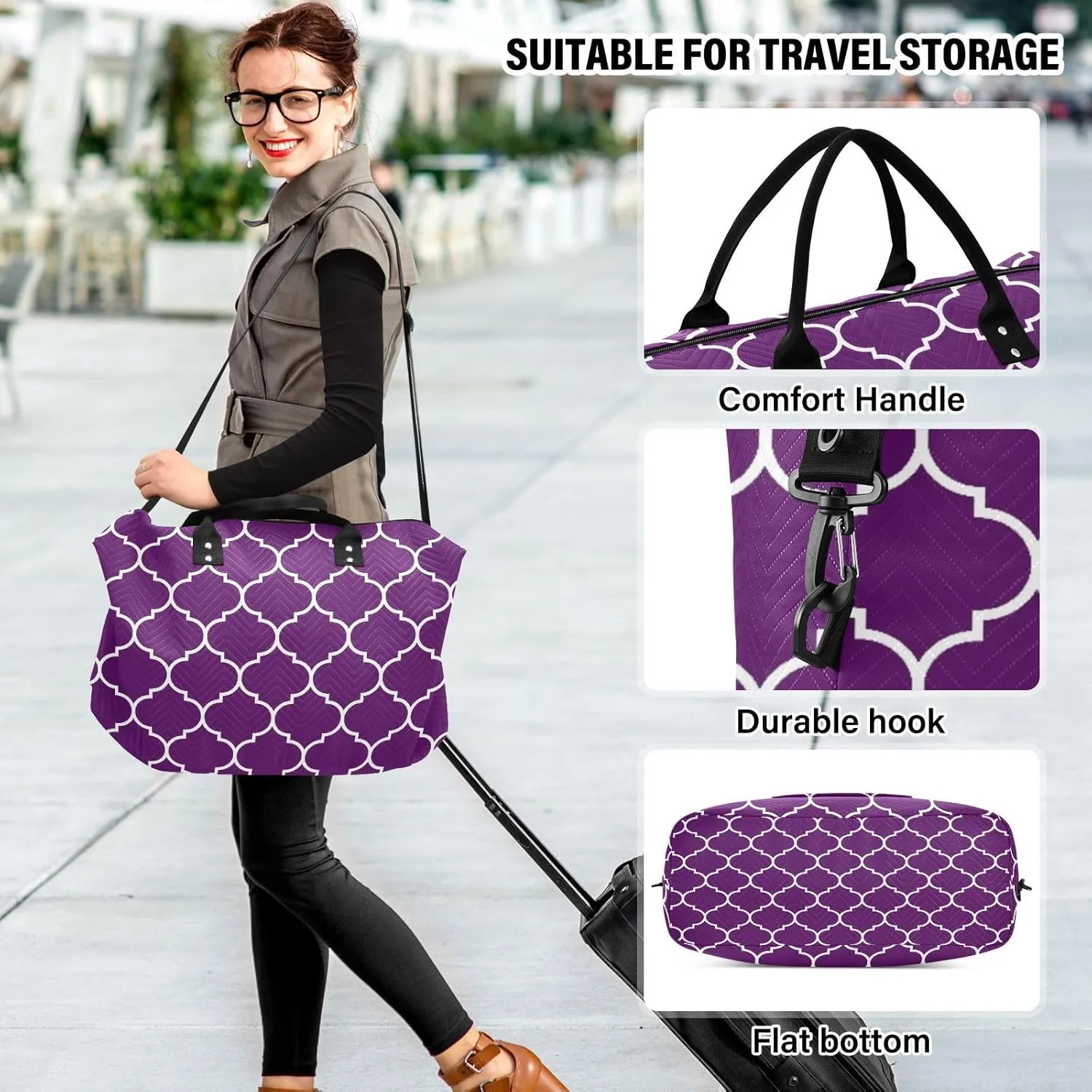 Sinestour Dark Purple Moroccan Tile Travel Duffel Bag for Men Women with Makeup Bag Weekend Overnight Carry On Bags for Traveling Gym Workout