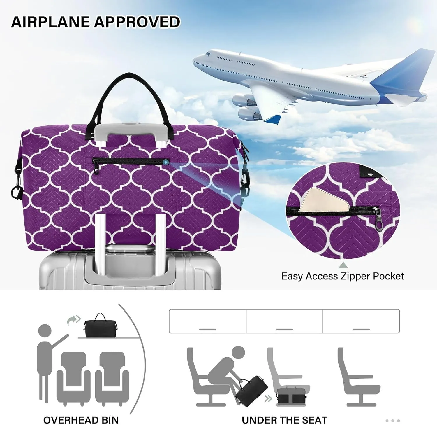 Sinestour Dark Purple Moroccan Tile Travel Duffel Bag for Men Women with Makeup Bag Weekend Overnight Carry On Bags for Traveling Gym Workout