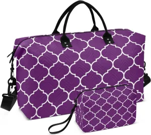Sinestour Dark Purple Moroccan Tile Travel Duffel Bag for Men Women with Makeup Bag Weekend Overnight Carry On Bags for Traveling Gym Workout