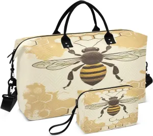 Sinestour Vintage Bee Honeycomb Travel Duffel Bag for Men Women with Makeup Bag Weekend Overnight Carry On Bags for Hospital Gym Travel