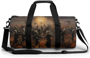 Skeletons Dancing in A Fall Field Travel Gym Bag for Women Men Pumpkins Fall Halloween Dark Horror Cylindrical Duffle Bag Sport Workout Bag with Shoulder Strap