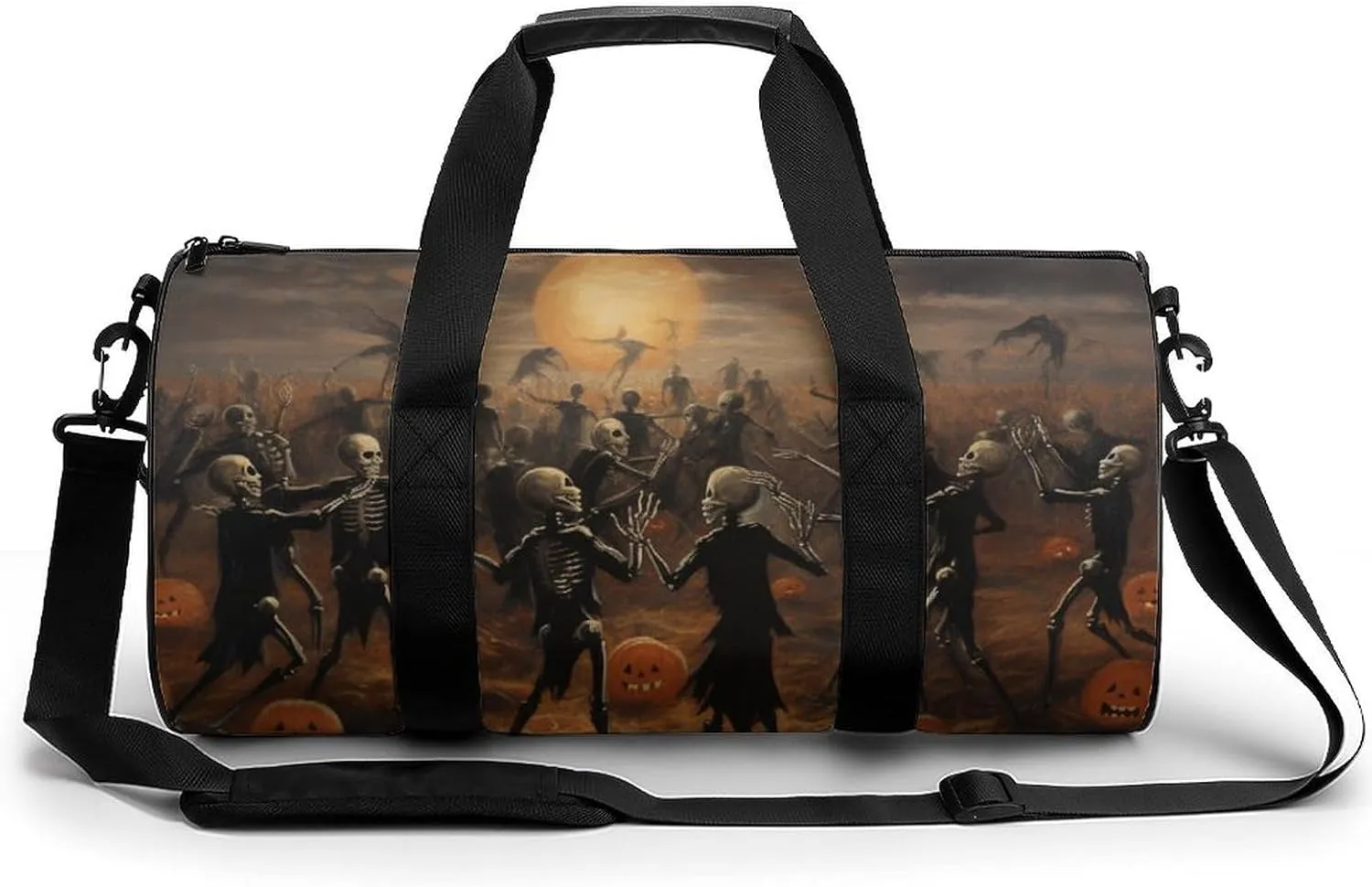 Skeletons Dancing in A Fall Field Travel Gym Bag for Women Men Pumpkins Fall Halloween Dark Horror Cylindrical Duffle Bag Sport Workout Bag with Shoulder Strap