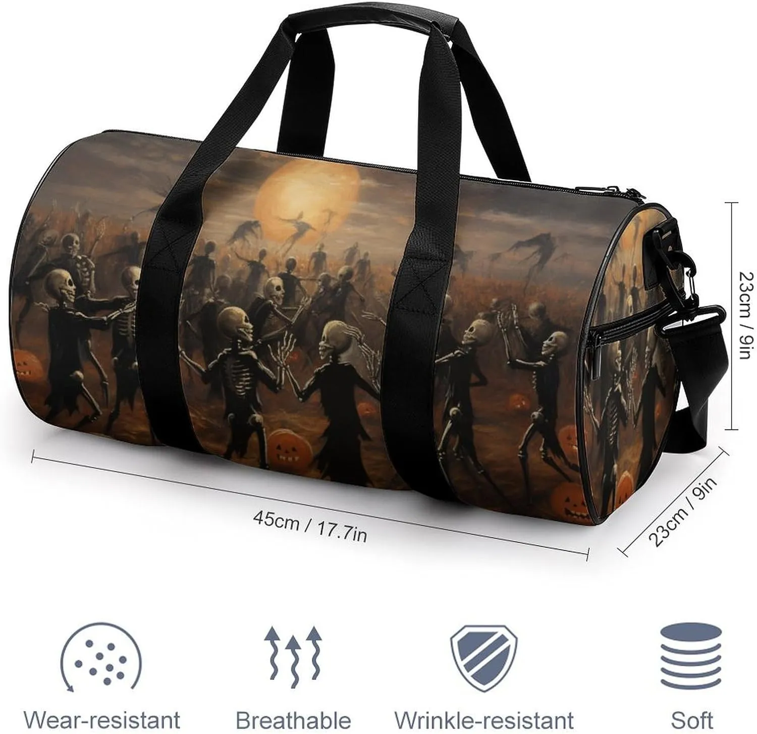 Skeletons Dancing in A Fall Field Travel Gym Bag for Women Men Pumpkins Fall Halloween Dark Horror Cylindrical Duffle Bag Sport Workout Bag with Shoulder Strap