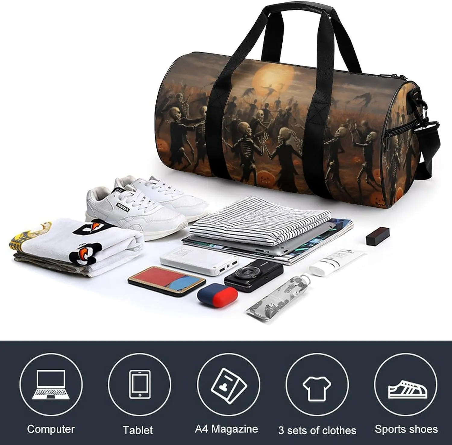 Skeletons Dancing in A Fall Field Travel Gym Bag for Women Men Pumpkins Fall Halloween Dark Horror Cylindrical Duffle Bag Sport Workout Bag with Shoulder Strap