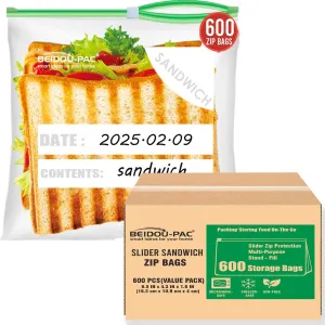 Slider Sandwich Food Storage Freezer Bags with Stand-Up Bottom, 600 Count | 2 Mil | 6.5 IN x 4.3 IN x 1.6 IN, Freshness Easy Open Reclosable Clear Plastic Bags (Slider-sandwich-600count)