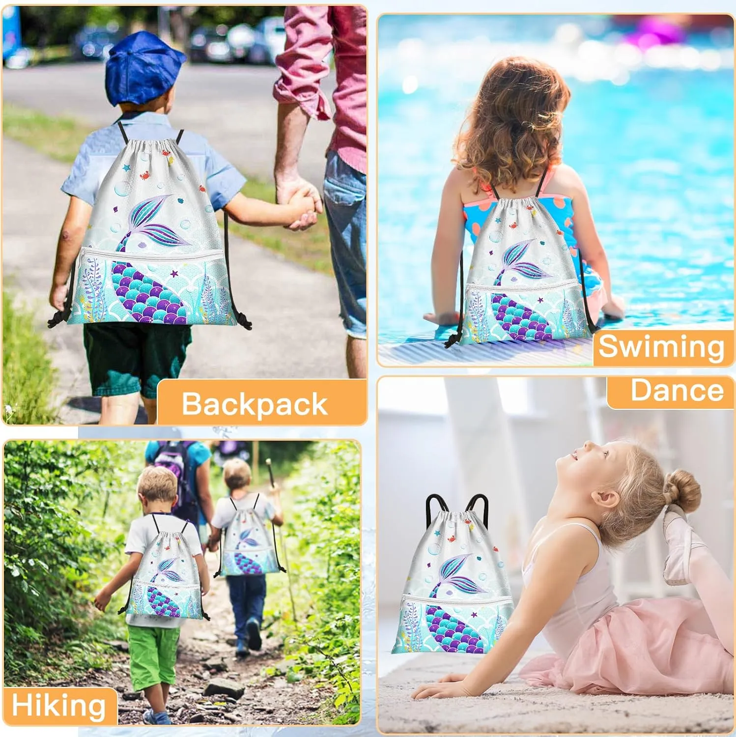 Slohif Drawstring Backpack Beach Swim Bag for Kids Mermaid Draw String Dance Travel Cinch Ballet Gym Bags for Girls Boys Waterproof Backpack for Swimming Pool Sports Nylon Large