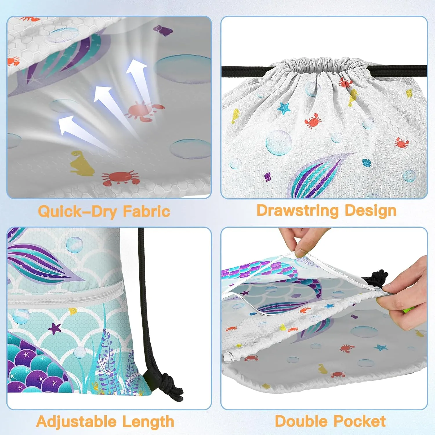 Slohif Drawstring Backpack Beach Swim Bag for Kids Mermaid Draw String Dance Travel Cinch Ballet Gym Bags for Girls Boys Waterproof Backpack for Swimming Pool Sports Nylon Large