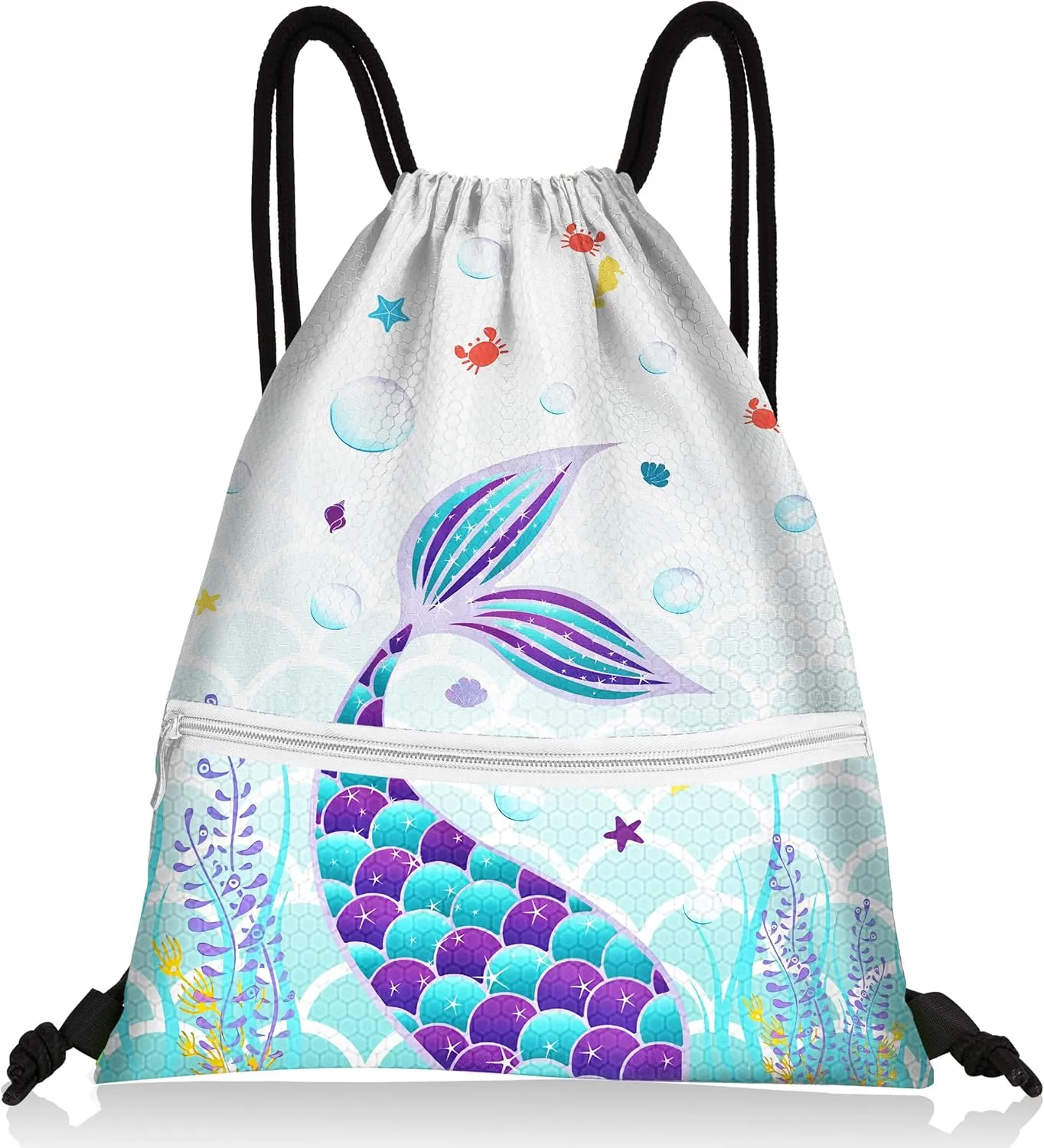 Slohif Drawstring Backpack Beach Swim Bag for Kids Mermaid Draw String Dance Travel Cinch Ballet Gym Bags for Girls Boys Waterproof Backpack for Swimming Pool Sports Nylon Large