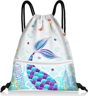 Slohif Drawstring Backpack Beach Swim Bag for Kids Mermaid Draw String Dance Travel Cinch Ballet Gym Bags for Girls Boys Waterproof Backpack for Swimming Pool Sports Nylon Large