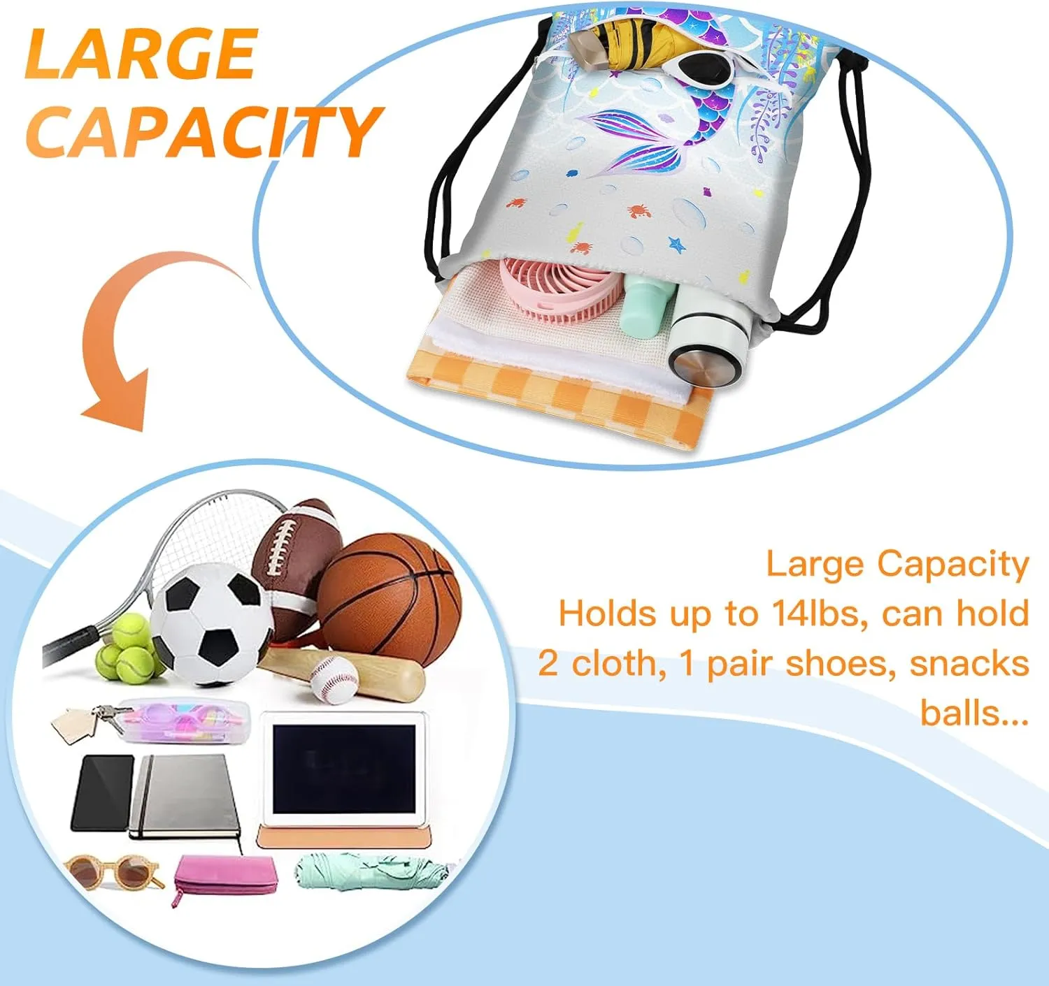 Slohif Drawstring Backpack Beach Swim Bag for Kids Mermaid Draw String Dance Travel Cinch Ballet Gym Bags for Girls Boys Waterproof Backpack for Swimming Pool Sports Nylon Large