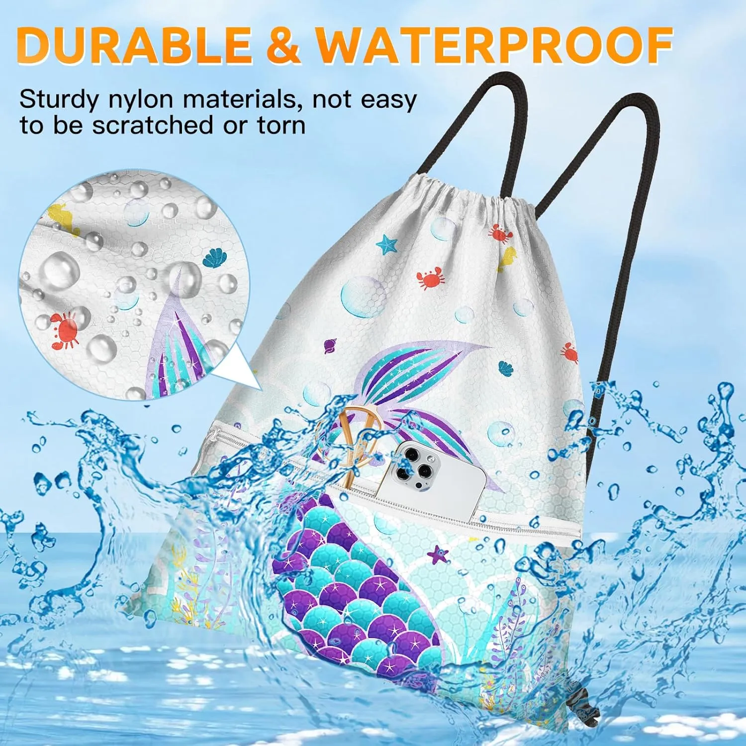 Slohif Drawstring Backpack Beach Swim Bag for Kids Mermaid Draw String Dance Travel Cinch Ballet Gym Bags for Girls Boys Waterproof Backpack for Swimming Pool Sports Nylon Large