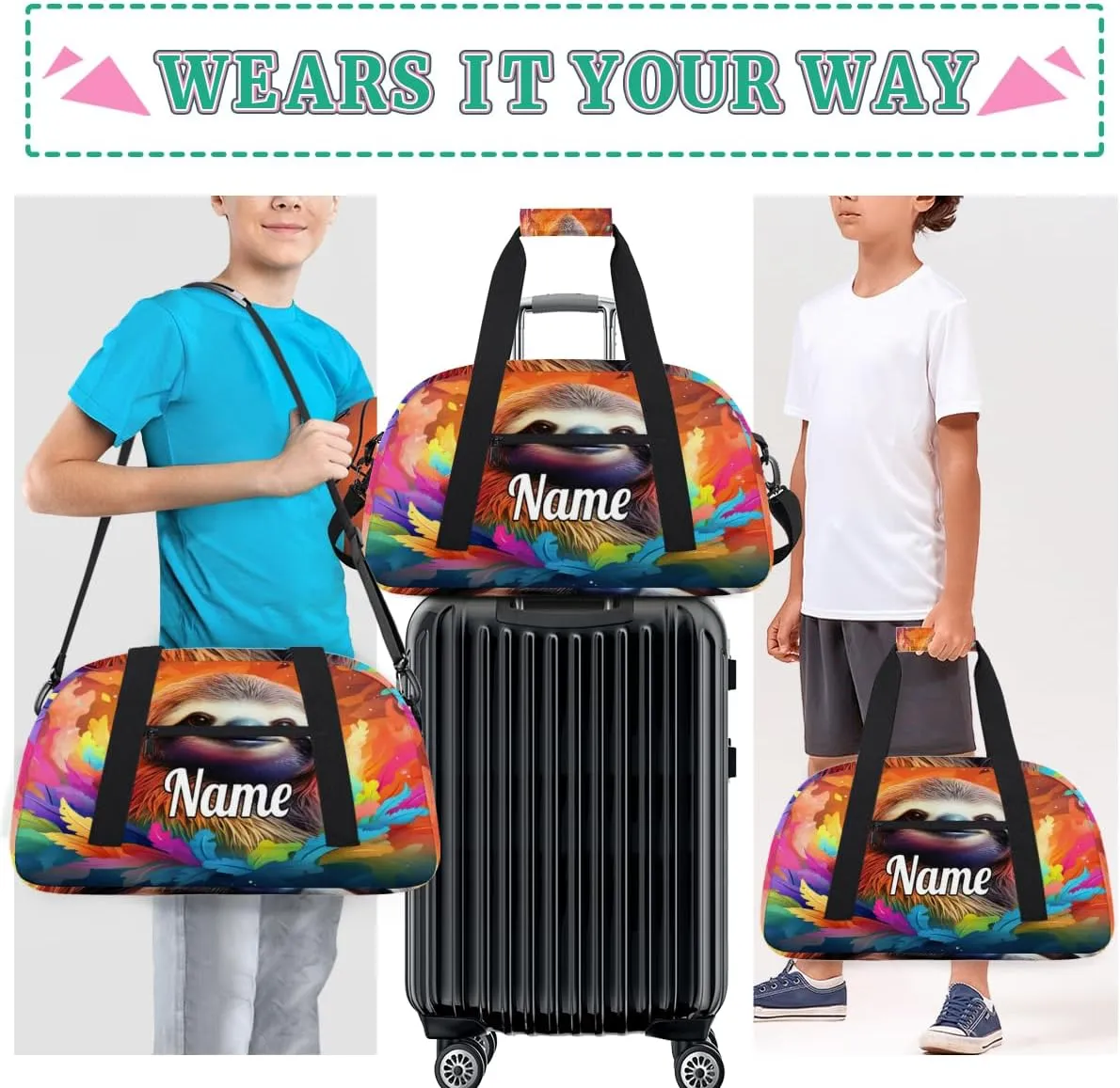 Sloth Animal Personalized Kids Gym Bag Custom Name Sport Duffel Bag Dance Ballet Bag for Girls Practice Workout Bag