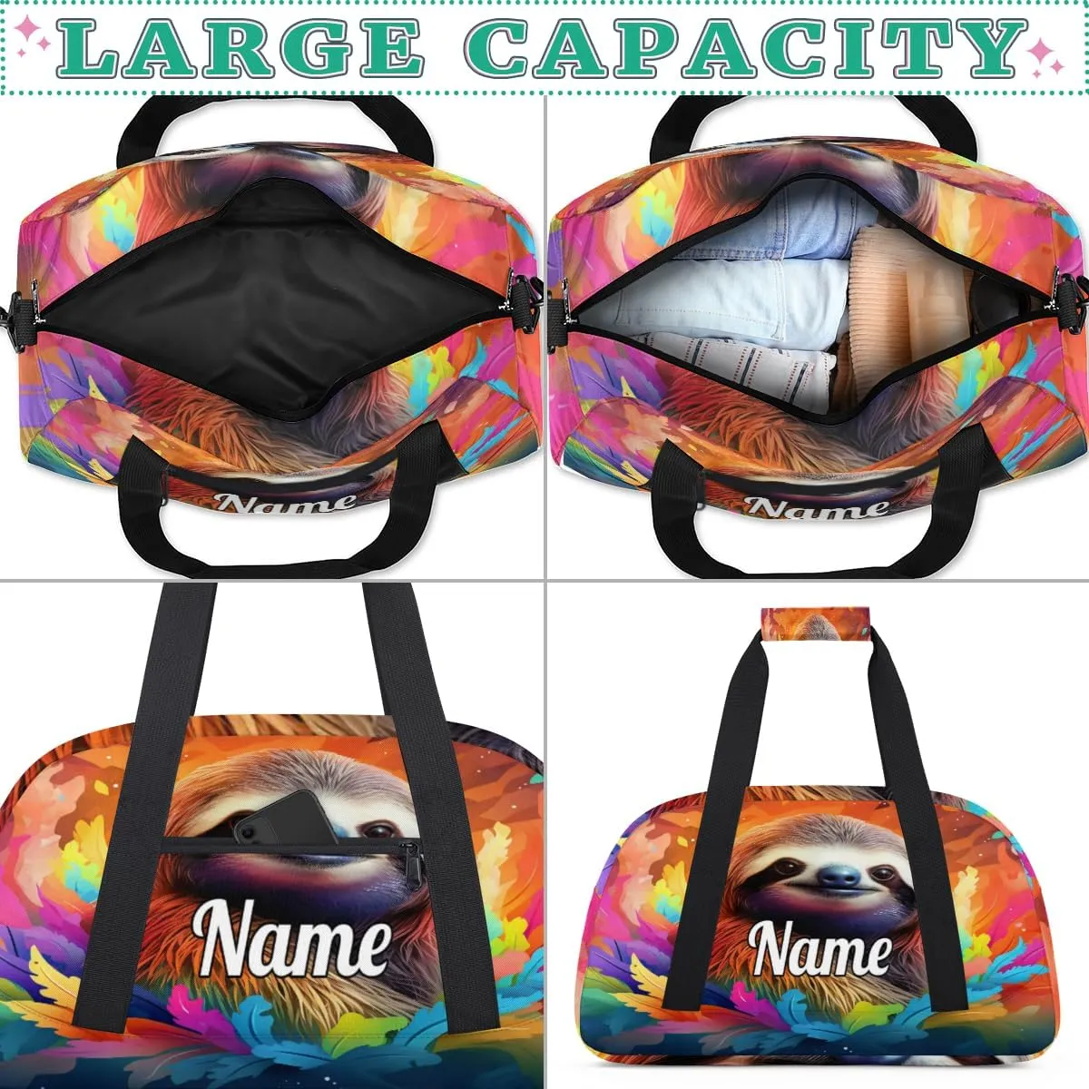 Sloth Animal Personalized Kids Gym Bag Custom Name Sport Duffel Bag Dance Ballet Bag for Girls Practice Workout Bag