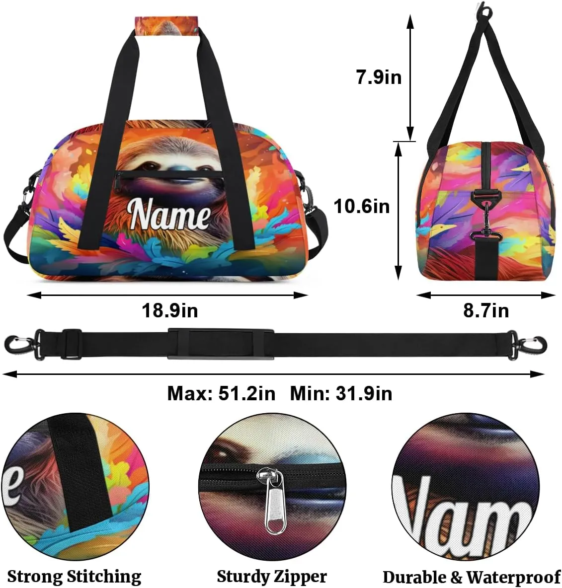 Sloth Animal Personalized Kids Gym Bag Custom Name Sport Duffel Bag Dance Ballet Bag for Girls Practice Workout Bag