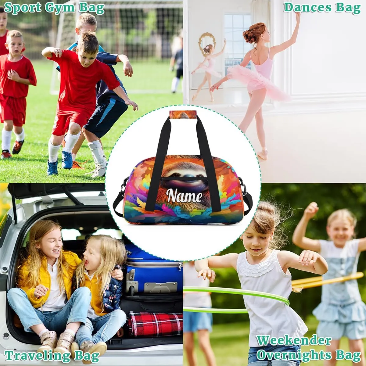 Sloth Animal Personalized Kids Gym Bag Custom Name Sport Duffel Bag Dance Ballet Bag for Girls Practice Workout Bag