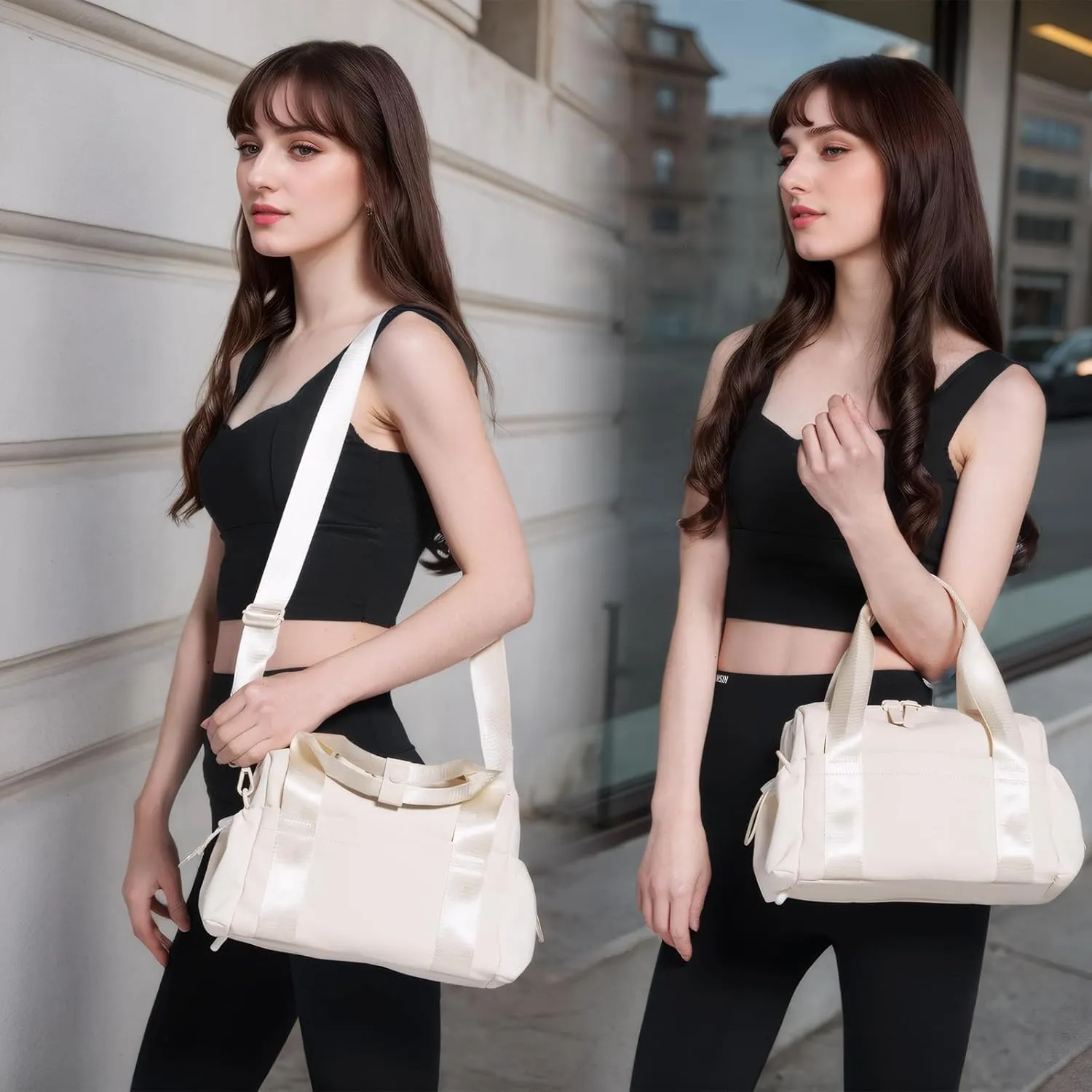 Small Gym Bag for Women, Mini Crossbody Gym Duffle Bag with Wet Compartment, Carry on Gym Tote Bag for Workout Dance Sport Travel (Beige)
