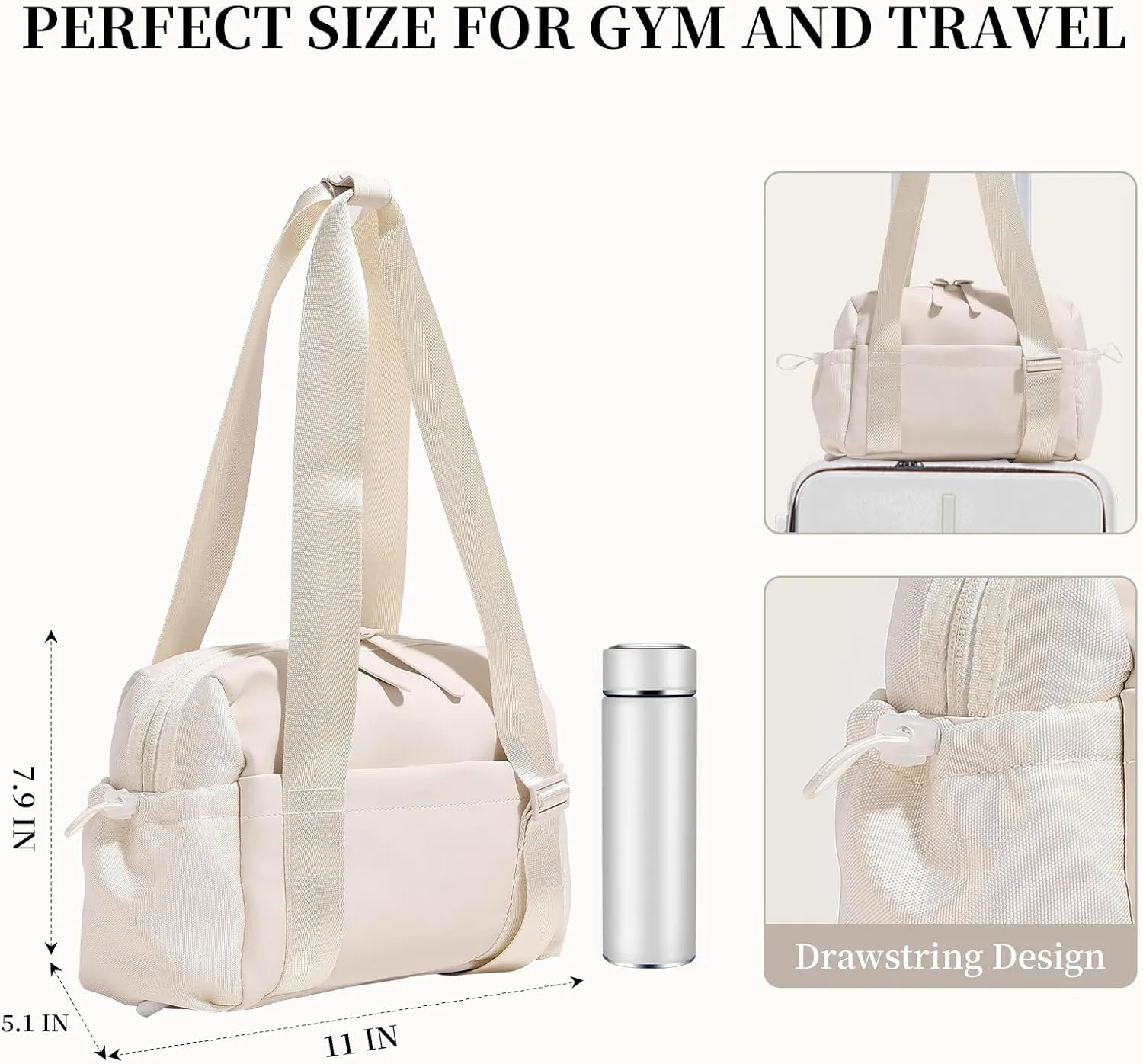 Small Gym Duffle Bag for Women, Mini Gym Bag with Wet Compartment, Beige, 11" x 5" x 7.8"