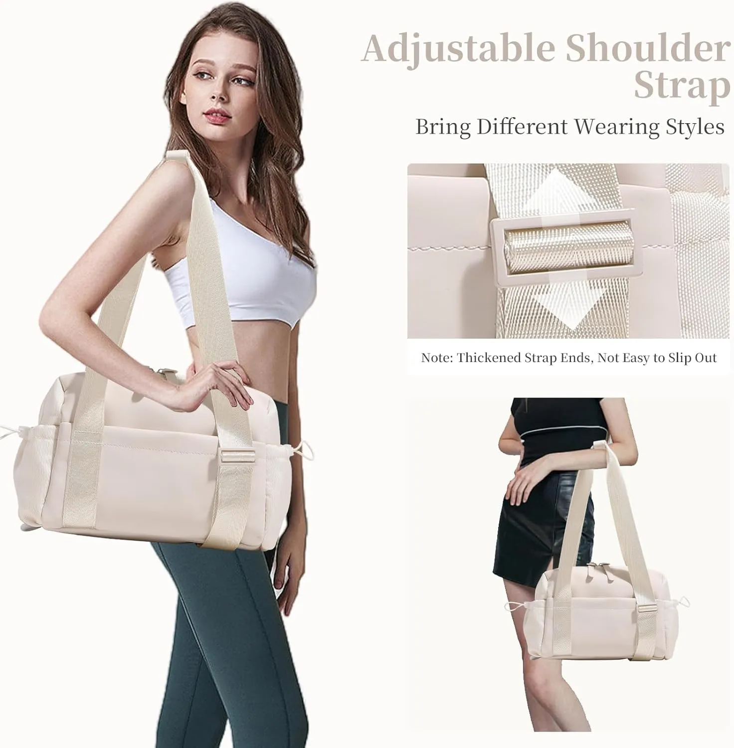 Small Gym Duffle Bag for Women, Mini Gym Bag with Wet Compartment, Beige, 11" x 5" x 7.8"