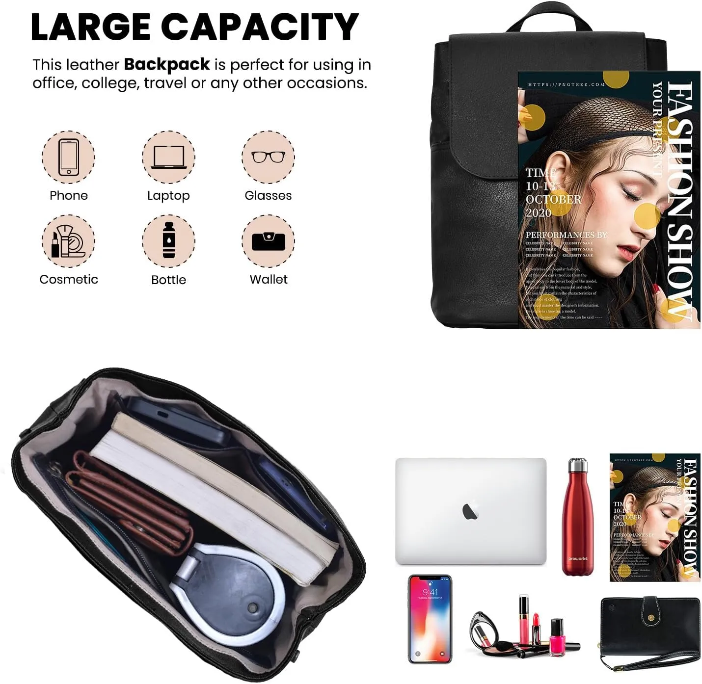 Small Leather Backpack Purse for Women & Men, Semi Veg Goat Skin, Stylish Leather Backpack Purse with Multiple Pockets (Black)