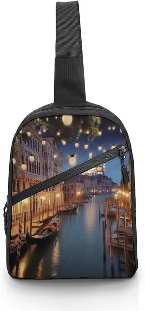 Small Sling Chest Bag Crossbody Bag for Men Women,Beautiful Venice at Night Lightweight Gym Daypack for Travel Cycling Hiking
