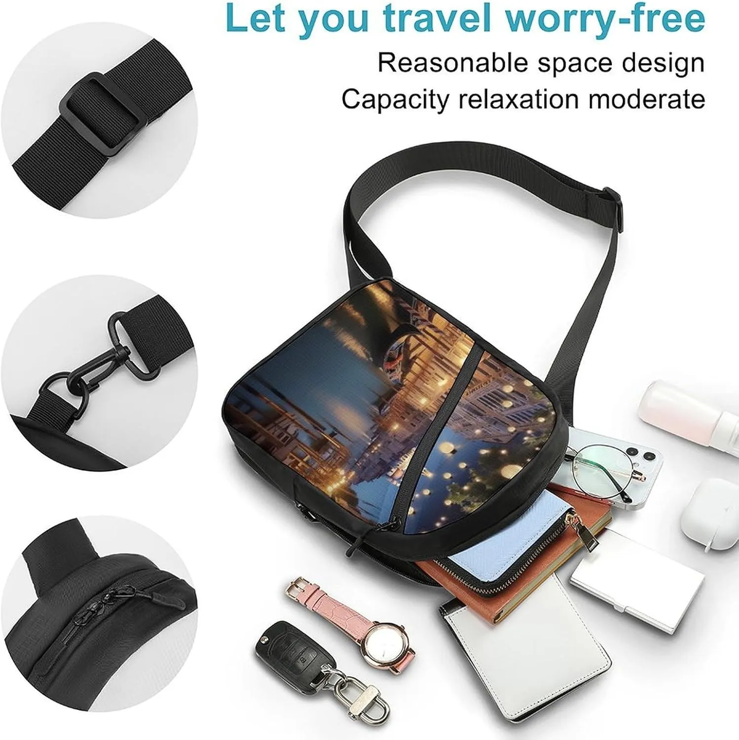 Small Sling Chest Bag Crossbody Bag for Men Women,Beautiful Venice at Night Lightweight Gym Daypack for Travel Cycling Hiking