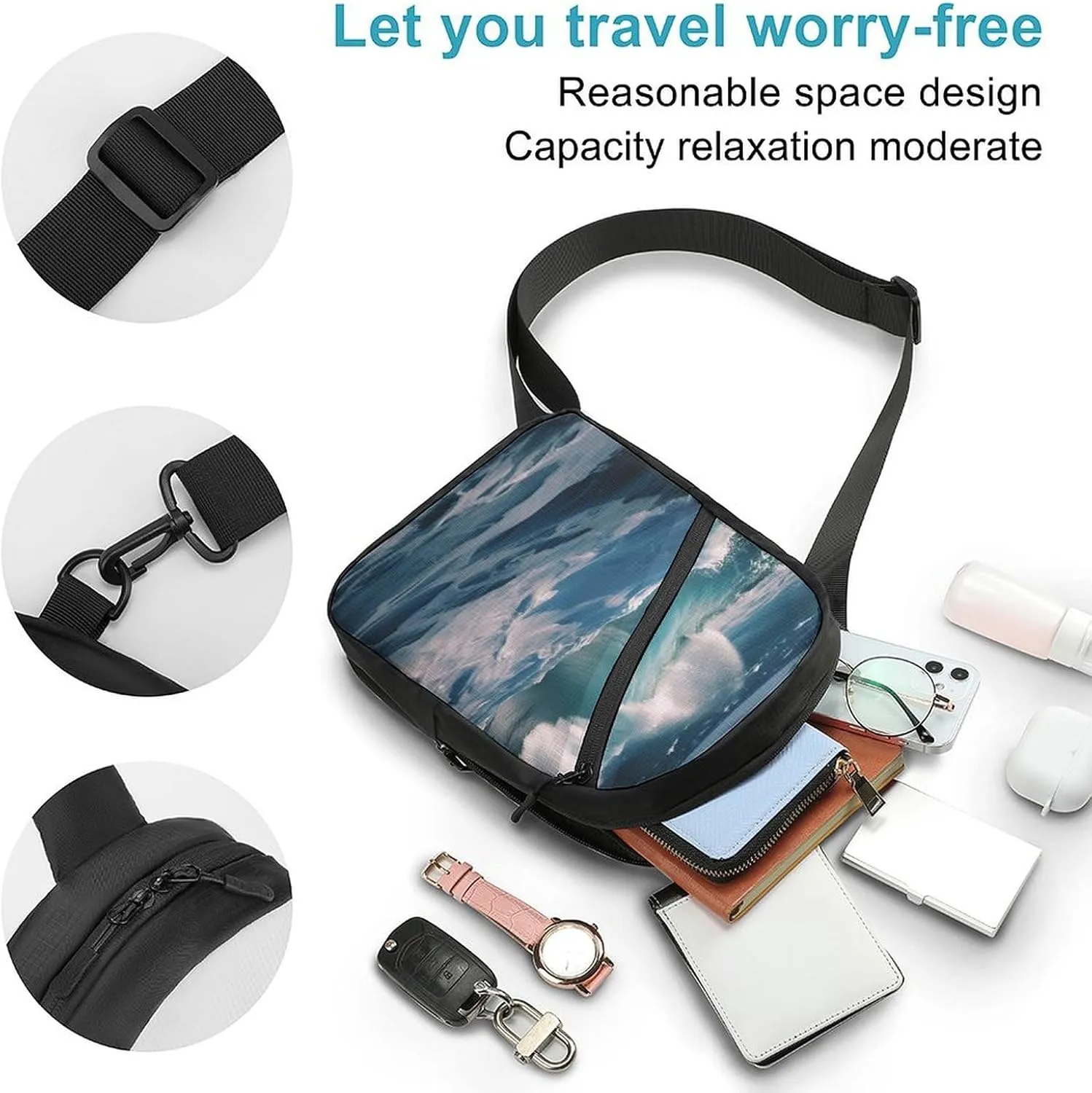 Small Sling Chest Bag Crossbody Bag for Men Women,Ocean Waves Lightweight Gym Daypack for Travel Cycling Hiking