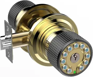 Smart Door Knob with Keypad and Key,Keyless Entry Door Lock with Rubber Grip, Auto Lock,50 User Code,Waterproof, Easy to Install and Program for Bedroom Garage Office Gate (Golden)