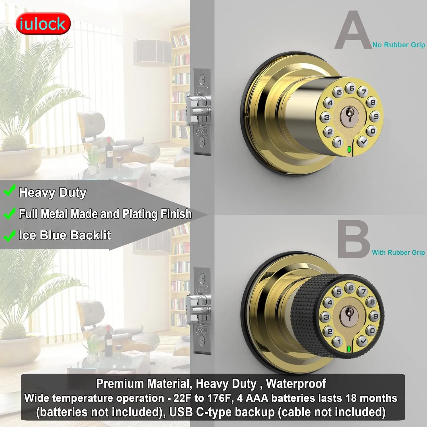 Smart Door Knob with Keypad and Key,Keyless Entry Door Lock with Rubber Grip, Auto Lock,50 User Code,Waterproof, Easy to Install and Program for Bedroom Garage Office Gate (Golden)