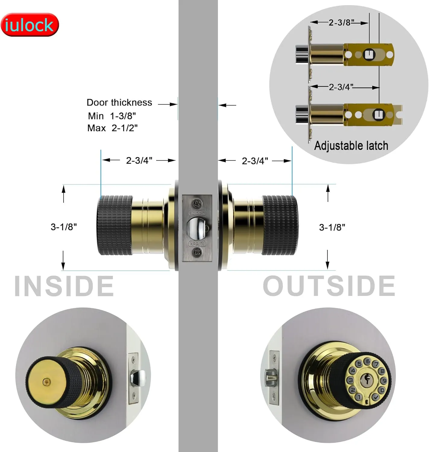 Smart Door Knob with Keypad and Key,Keyless Entry Door Lock with Rubber Grip, Auto Lock,50 User Code,Waterproof, Easy to Install and Program for Bedroom Garage Office Gate (Golden)