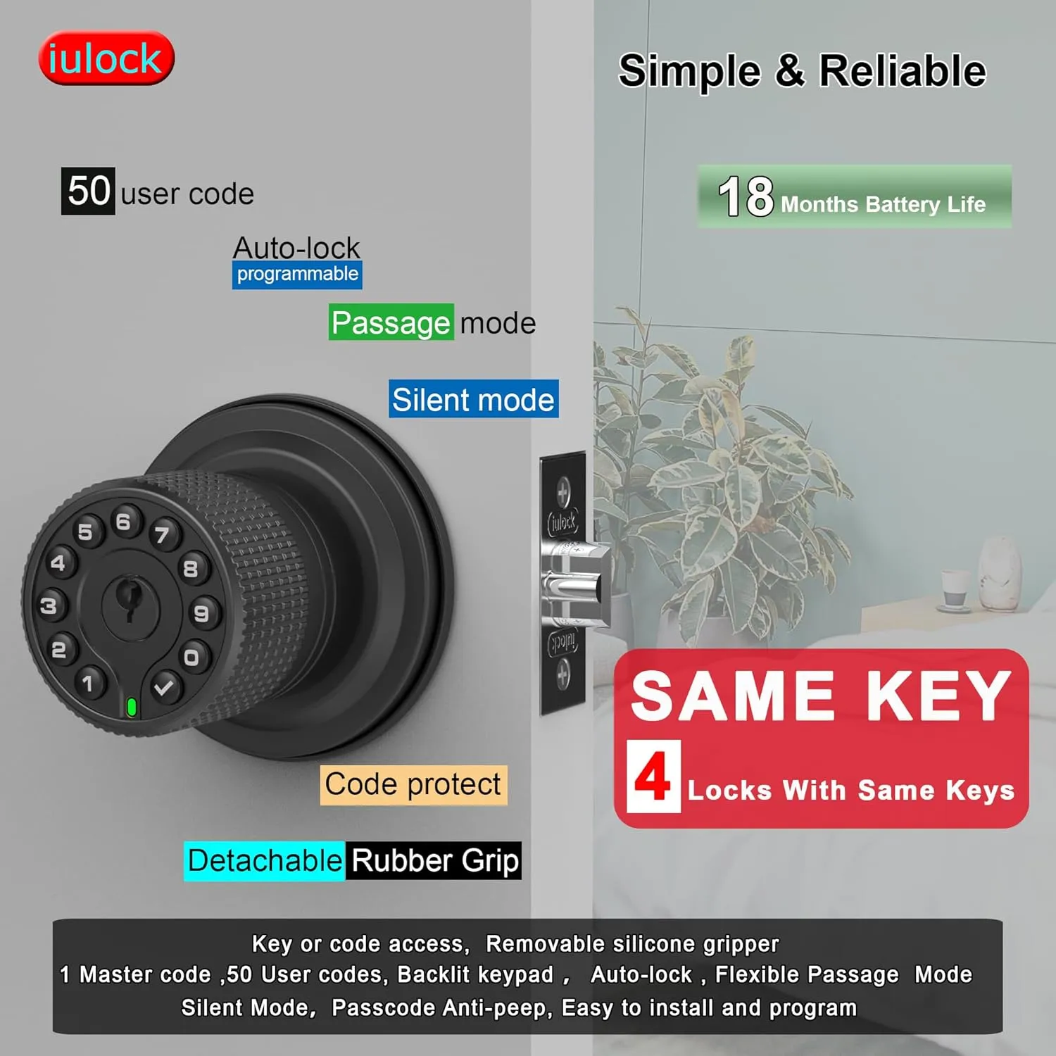 Smart Door Knob with Keypad and Key,Keyless Entry Door Lock with Rubber Grip, Auto Lock,50 User Code,Waterproof, Easy to Install and Program for Bedroom (Matte Black Same Key 4 Pack)
