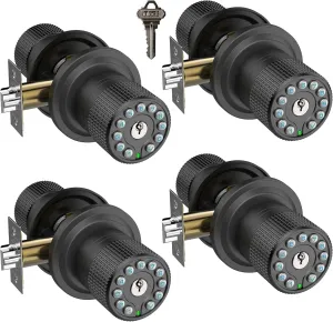 Smart Door Knob with Keypad and Key,Keyless Entry Door Lock with Rubber Grip, Auto Lock,50 User Code,Waterproof, Easy to Install and Program for Bedroom (Matte Black Same Key 4 Pack)
