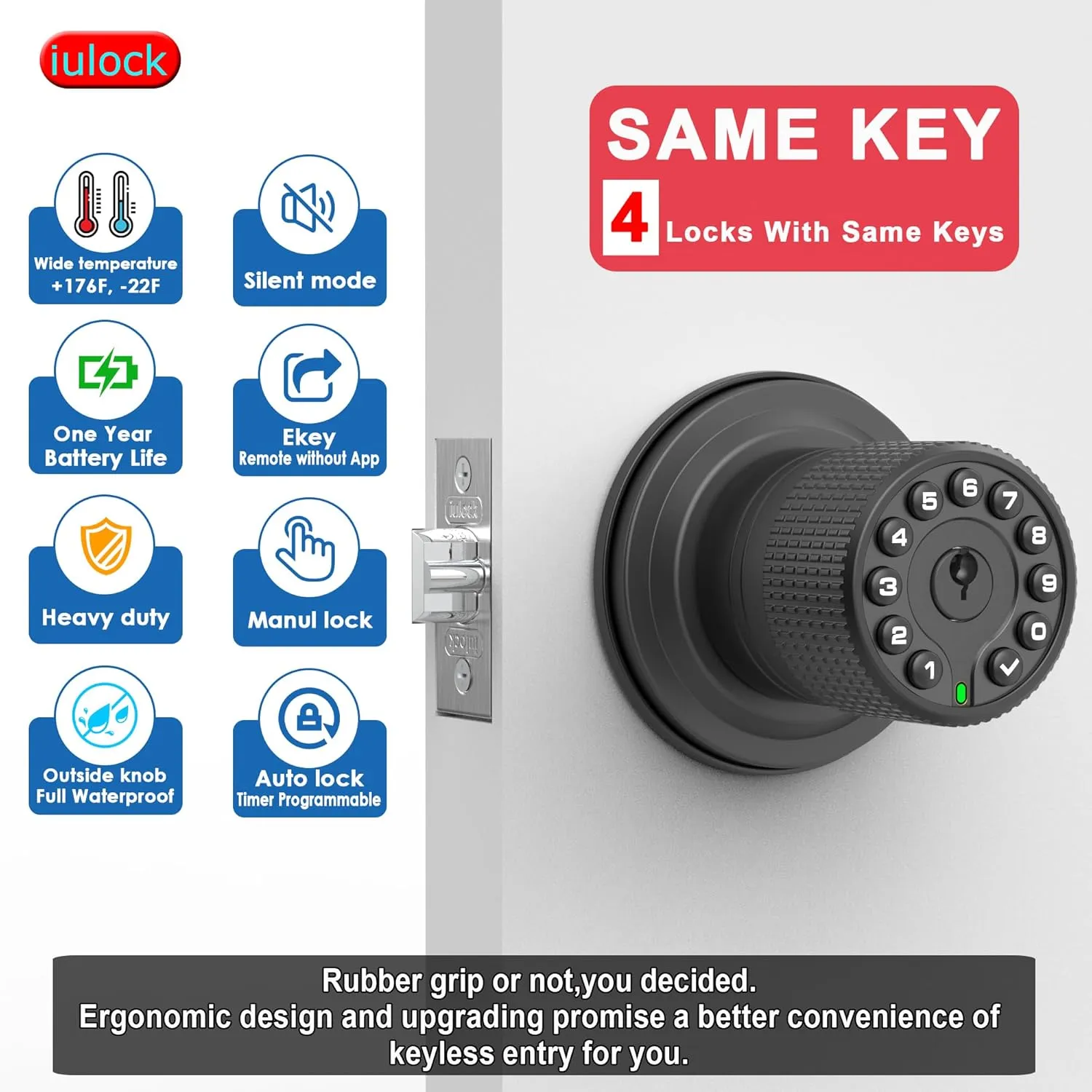 Smart Door Knob with Keypad and Key,Keyless Entry Door Lock with Rubber Grip, Auto Lock,50 User Code,Waterproof, Easy to Install and Program for Bedroom (Matte Black Same Key 4 Pack)