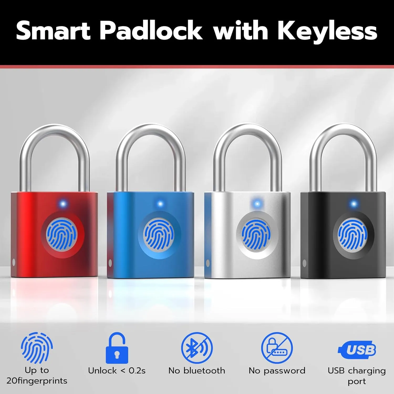 Smart Padlock Gym Lock: 2-Pack Black & Silver - Mini Fingerprint Padlock eLinkSmart Locker Lock with Colourful Metal Keyless 20 Fingerprints fits Luggage School Bag Toolbox Gym Locker