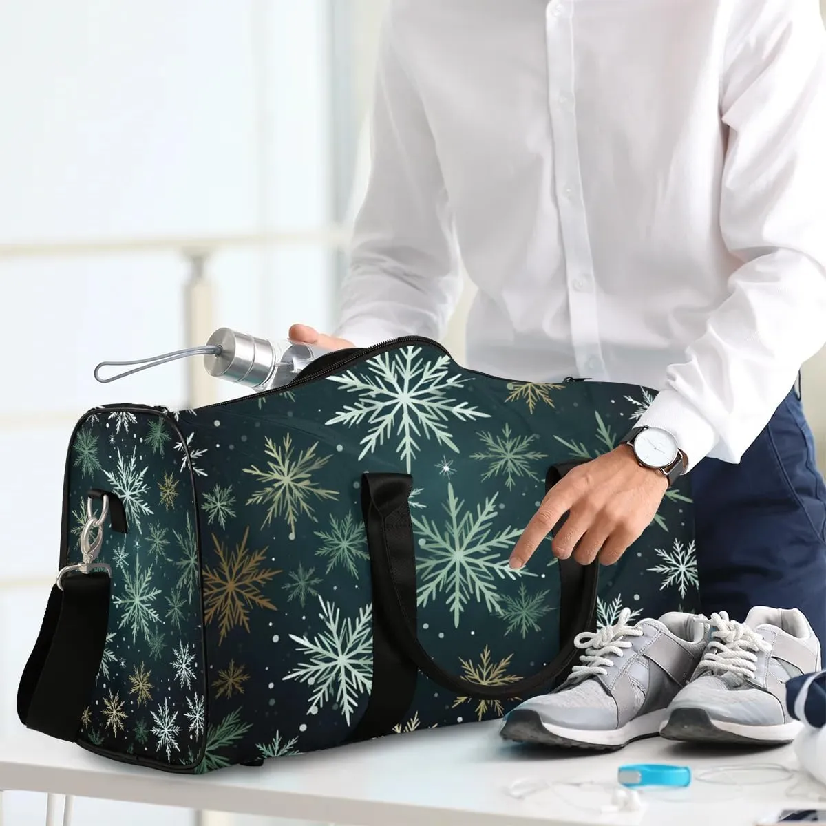Snow Print Christmas Travel Duffel Bag for Women Men Waterproof Foldable Overnight Weekender Bag Large Capacity Sports Gym Bag