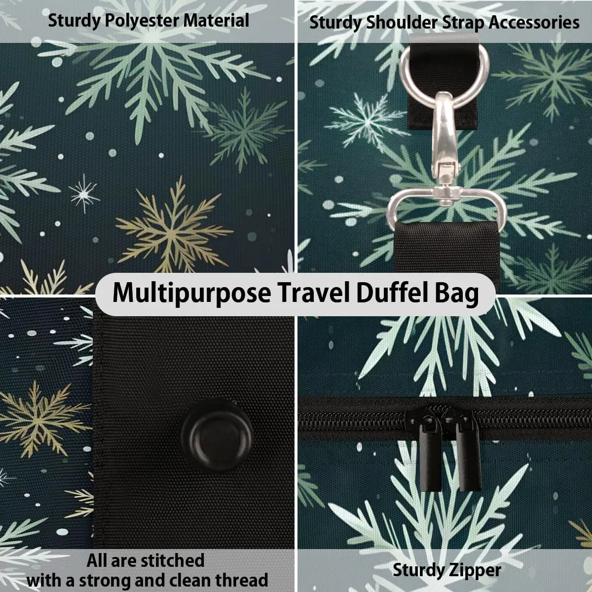 Snow Print Christmas Travel Duffel Bag for Women Men Waterproof Foldable Overnight Weekender Bag Large Capacity Sports Gym Bag