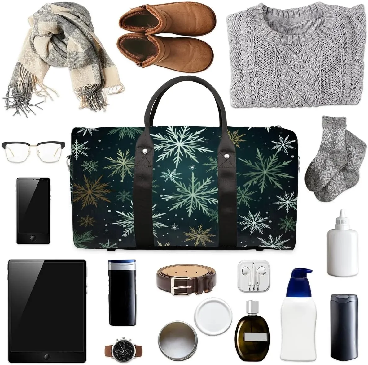 Snow Print Christmas Travel Duffel Bag for Women Men Waterproof Foldable Overnight Weekender Bag Large Capacity Sports Gym Bag