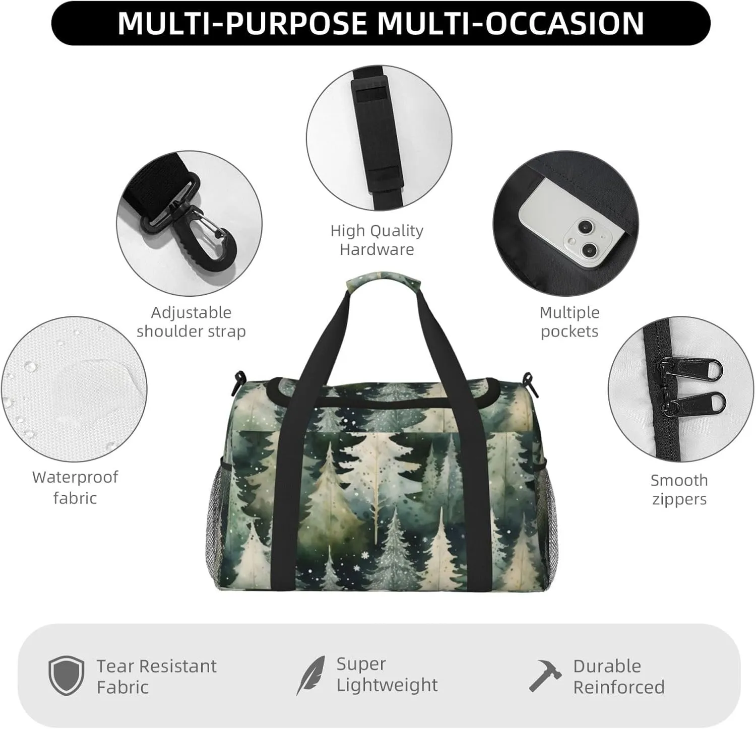 Snowflake Watercolor Forest Duffle Bag Foldable Travel Tote Bag Carry On Large Weekender Overnight Bags Waterproof Gym Bag For Women Men