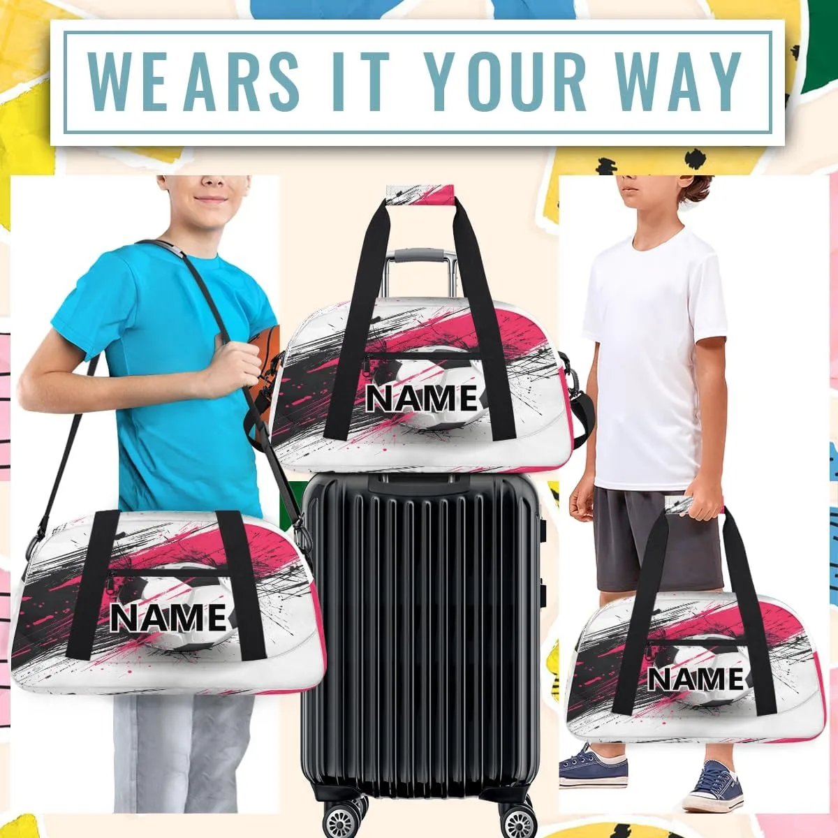 Soccer Custom Small Gym Bag 18 inch for Women Men Personalized American Football Carry On Overnight Weekender Bag for Travel Work Dance Sport