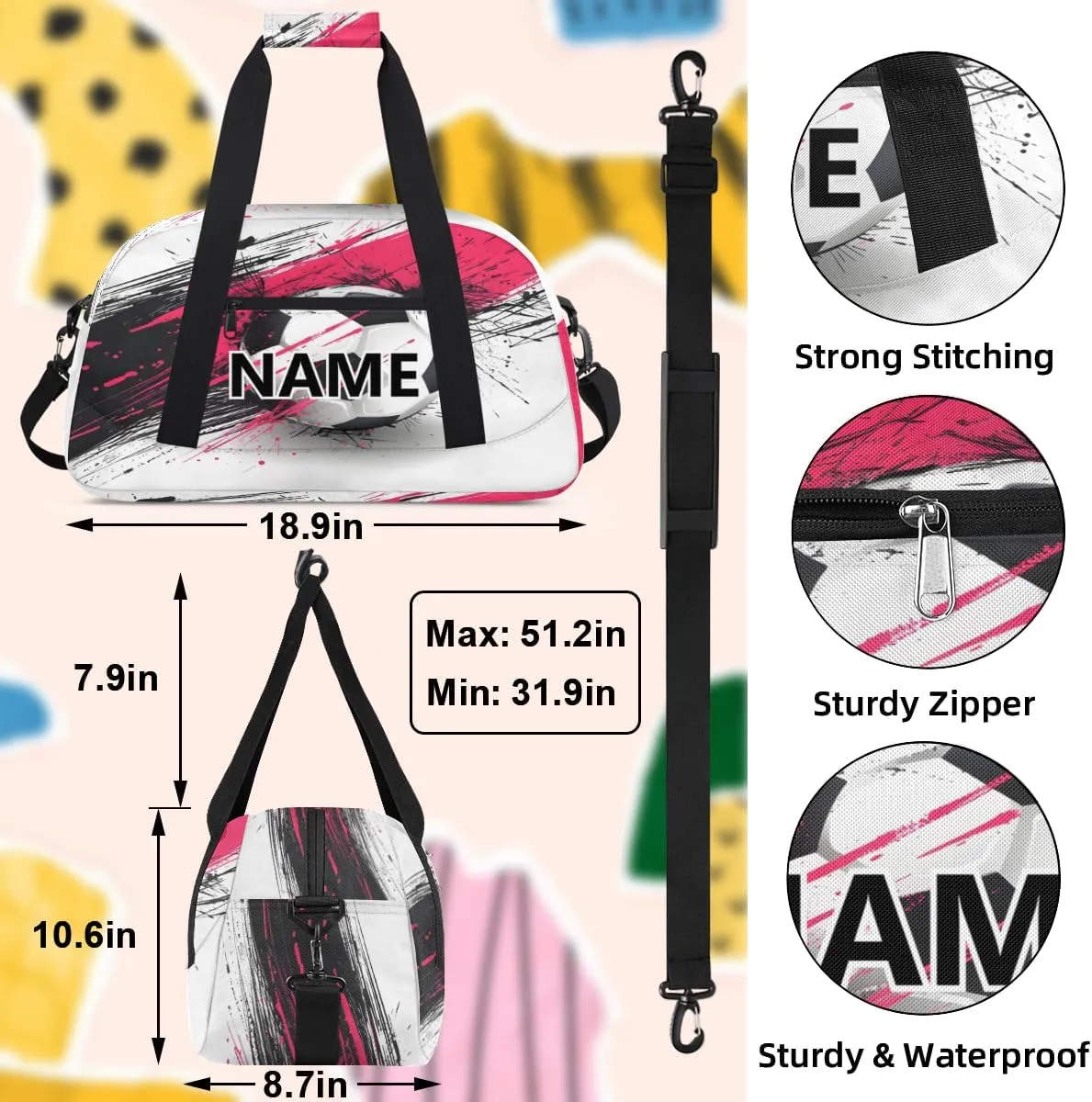 Soccer Custom Small Gym Bag 18 inch for Women Men Personalized American Football Carry On Overnight Weekender Bag for Travel Work Dance Sport