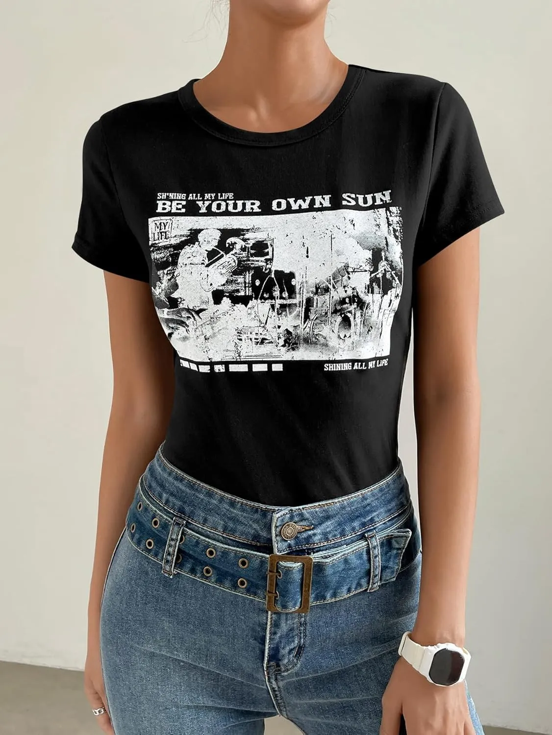 SOLY HUX Women's Graphic Tees Crop Fitted Tops Casual Summer Slogan Letter Print Short Sleeve T Shirts