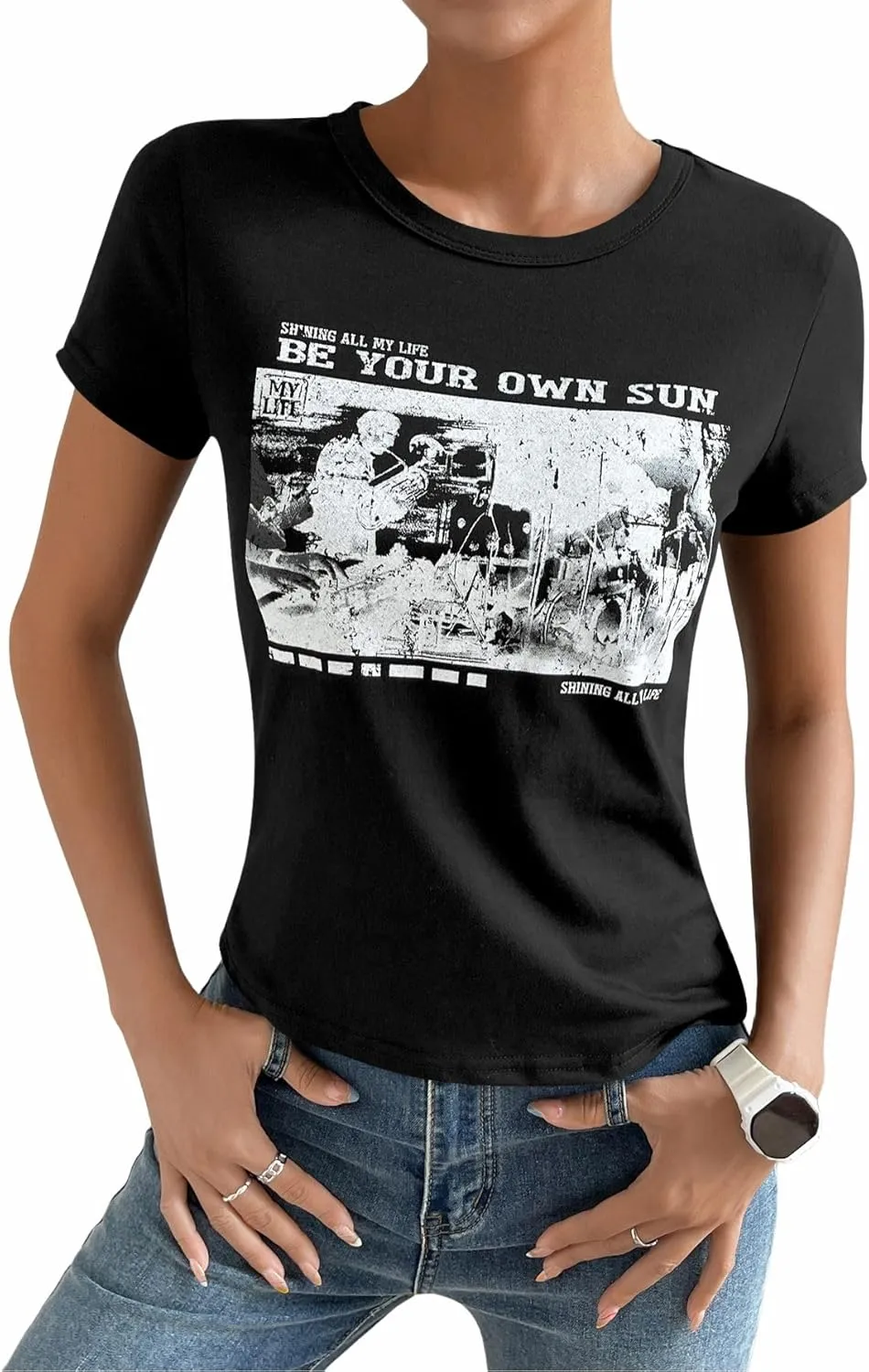 SOLY HUX Women's Graphic Tees Crop Fitted Tops Casual Summer Slogan Letter Print Short Sleeve T Shirts