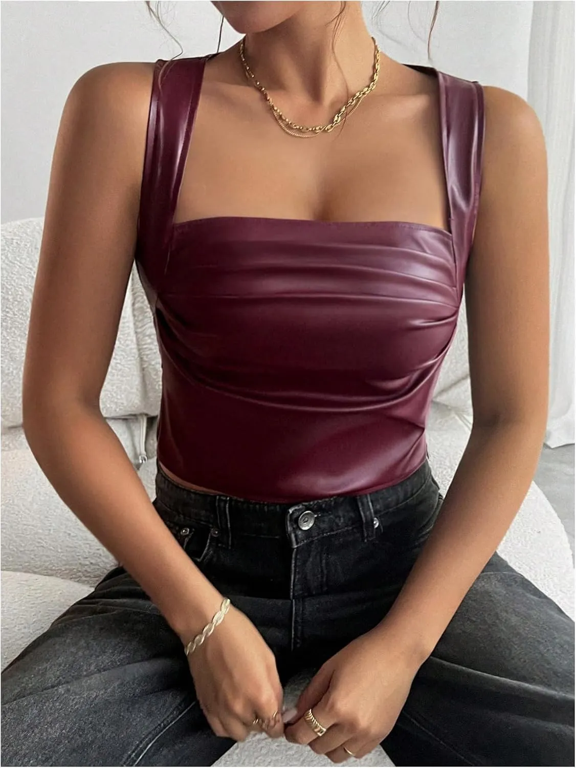 SOLY HUX Women's PU Leather Square Neck Tank Tops Sleeveless Slim Fitted Party Club Crop Top