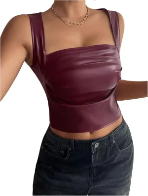 SOLY HUX Women's PU Leather Square Neck Tank Tops Sleeveless Slim Fitted Party Club Crop Top