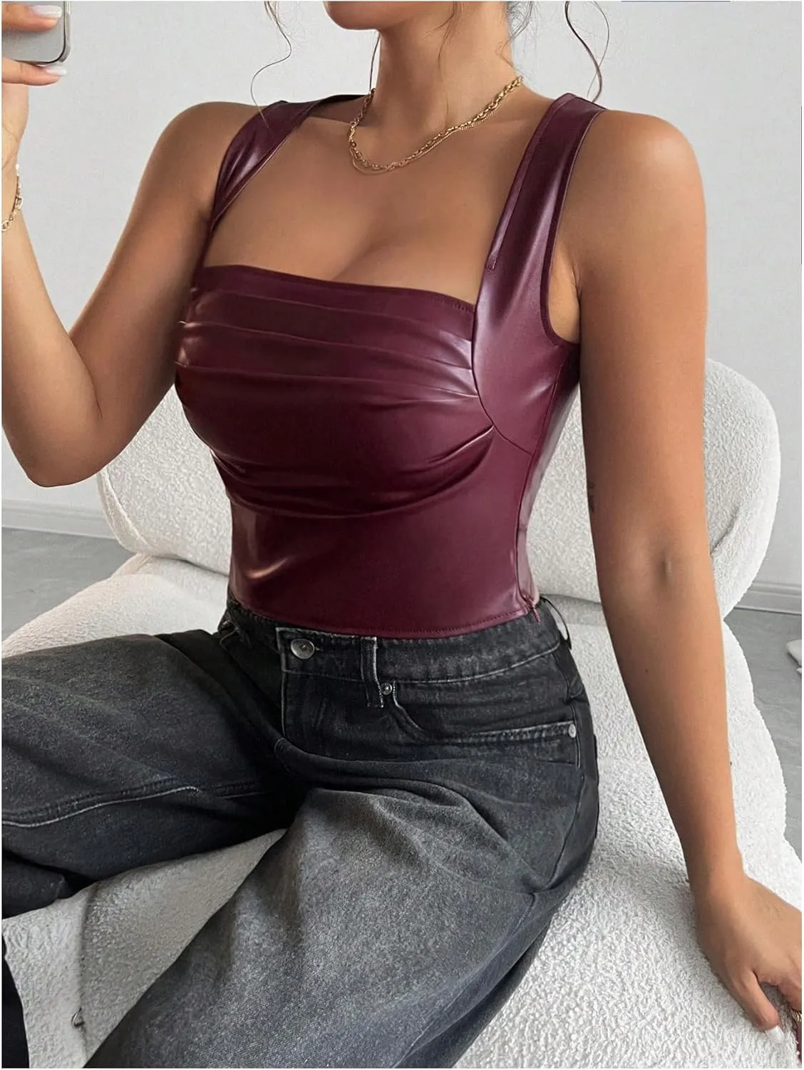 SOLY HUX Women's PU Leather Square Neck Tank Tops Sleeveless Slim Fitted Party Club Crop Top